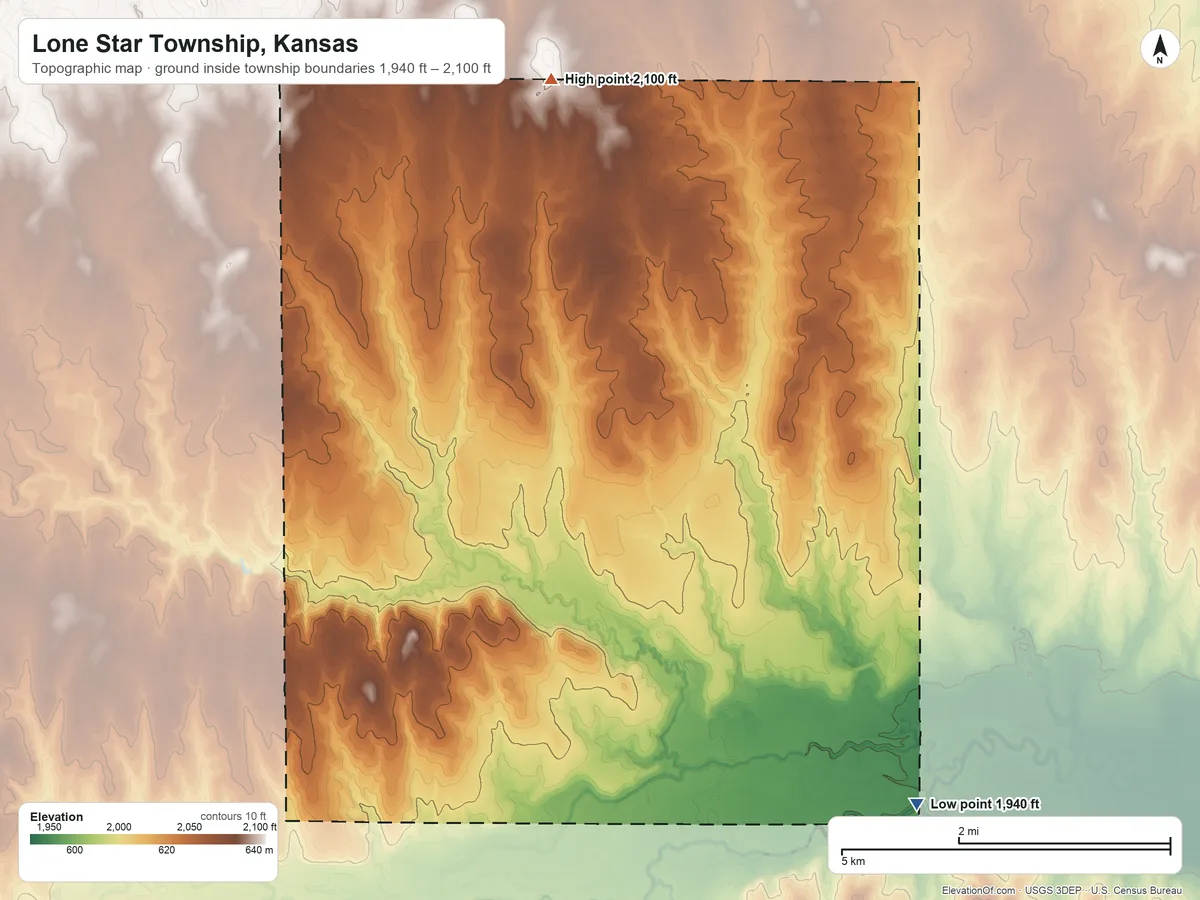 Topographic elevation map of Lone Star Township, Kansas, shaded from 1,940 ft on the southeast side to 2,100 ft on the north side