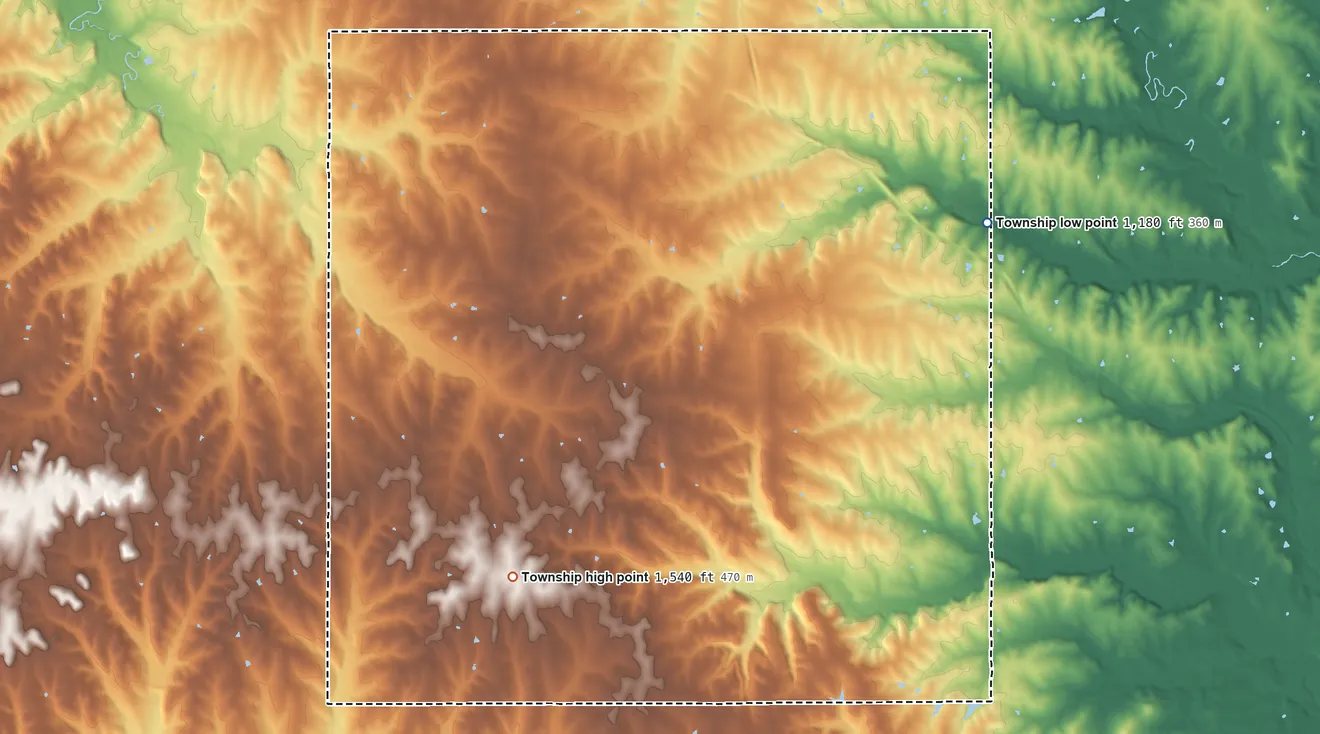 Topographic elevation map of Lone Tree Township, Pottawatomie County, Kansas, shaded from 1,180 ft on the northeast side to 1,540 ft on the southwest side