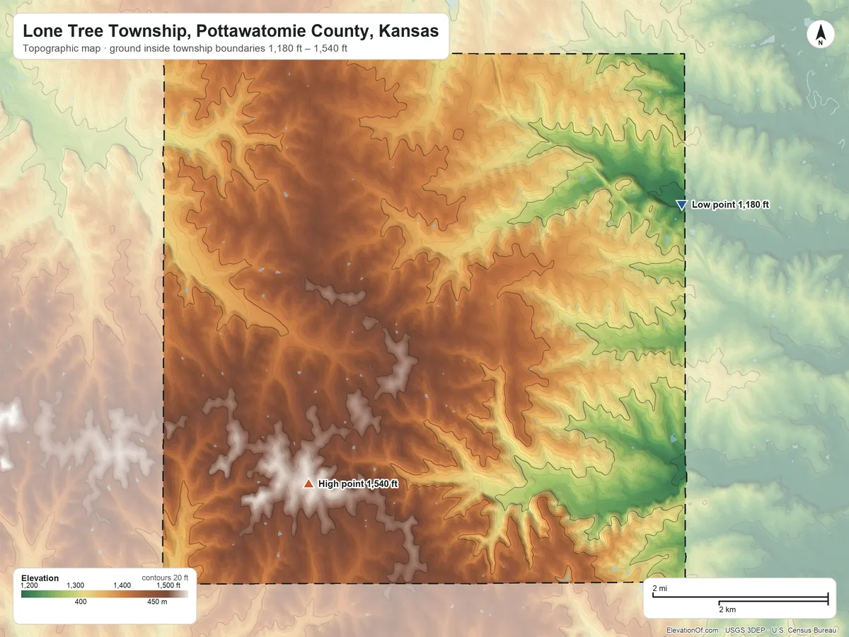 Topographic elevation map of Lone Tree Township, Pottawatomie County, Kansas, shaded from 1,180 ft on the northeast side to 1,540 ft on the southwest side