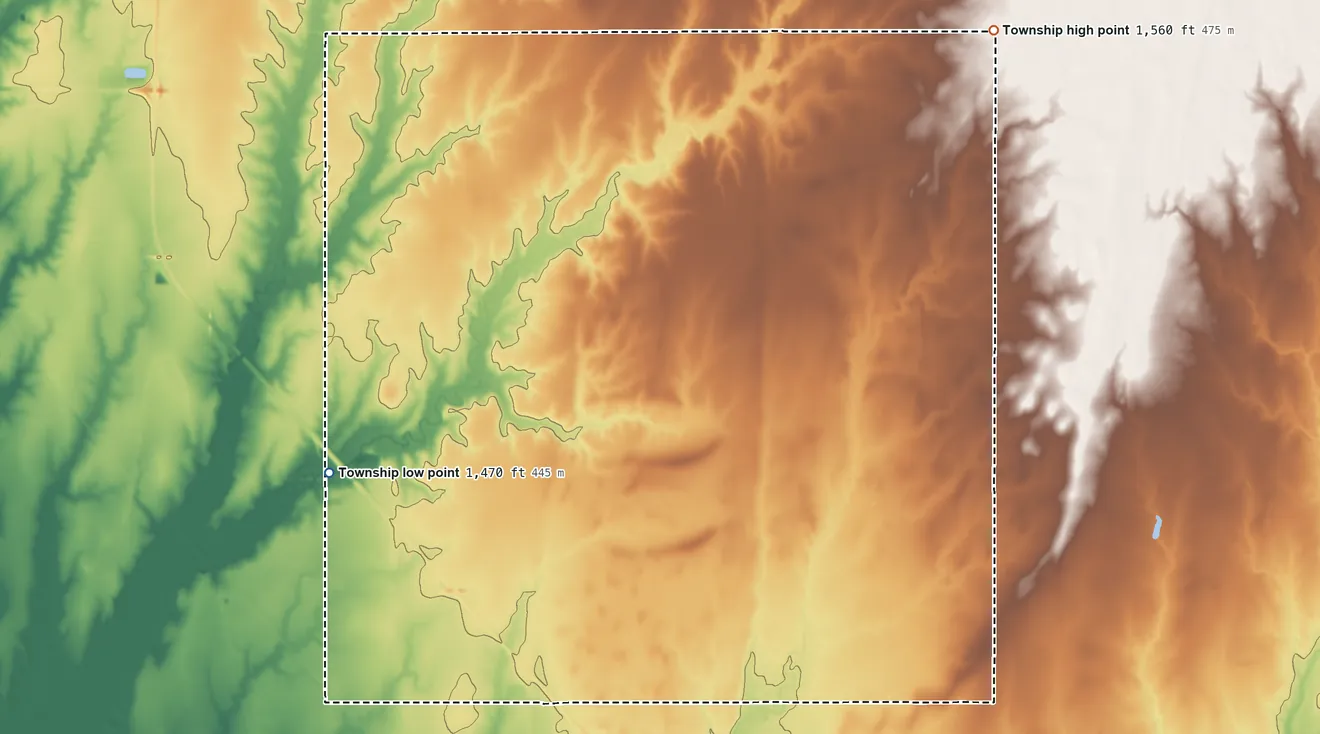Topographic elevation map of Lone Tree Township, Kansas, shaded from 1,470 ft on the west side to 1,560 ft on the northeast side