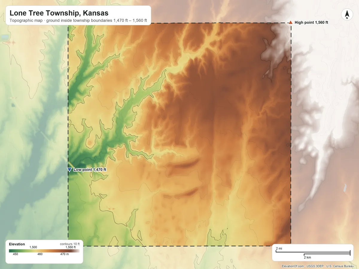 Topographic elevation map of Lone Tree Township, Kansas, shaded from 1,470 ft on the west side to 1,560 ft on the northeast side