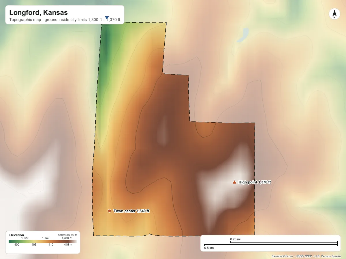 Topographic elevation map of Longford, Kansas, shaded from 1,300 ft on the north side to 1,370 ft on the east side