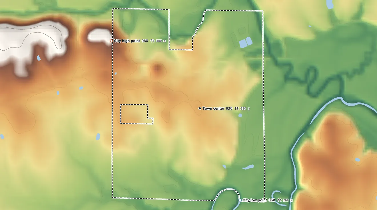 Topographic elevation map of Longton, Kansas, shaded from 860 ft on the southeast side to 980 ft on the northwest side