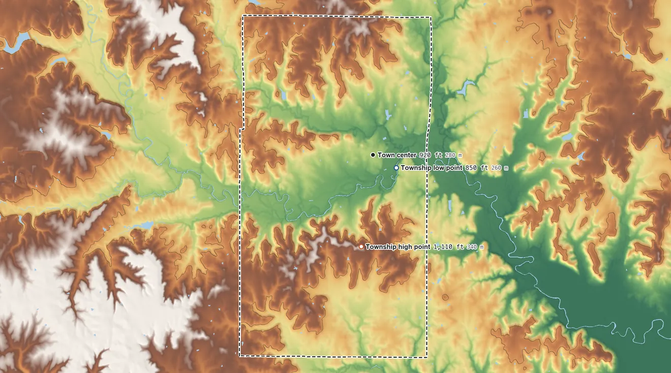 Topographic elevation map of Longton Township, Kansas, shaded from 850 ft near the middle to 1,110 ft on the south side