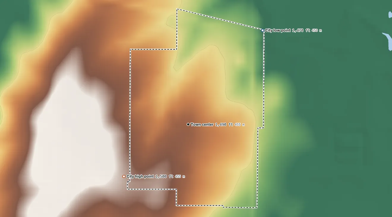 Topographic elevation map of Lost Springs, Kansas, shaded from 1,470 ft on the northeast side to 1,500 ft on the southwest side