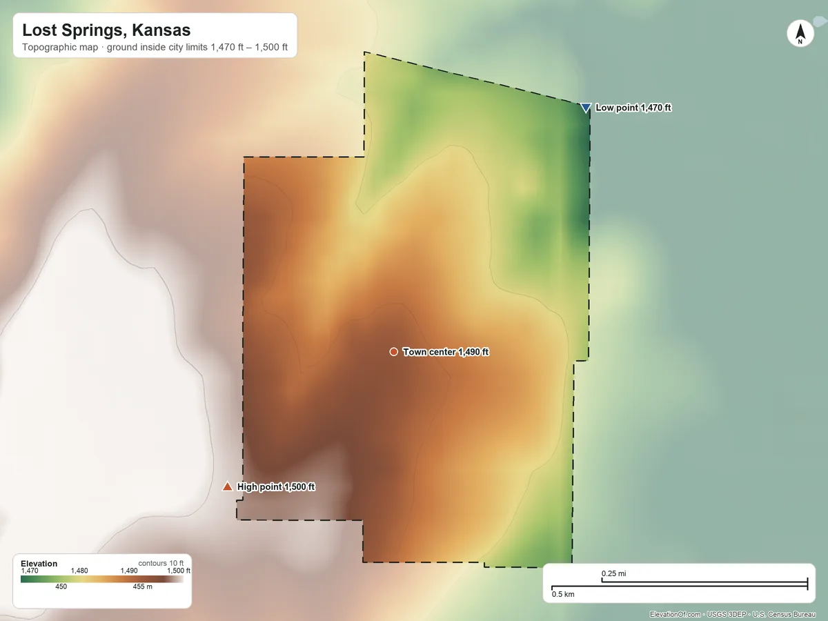 Topographic elevation map of Lost Springs, Kansas, shaded from 1,470 ft on the northeast side to 1,500 ft on the southwest side