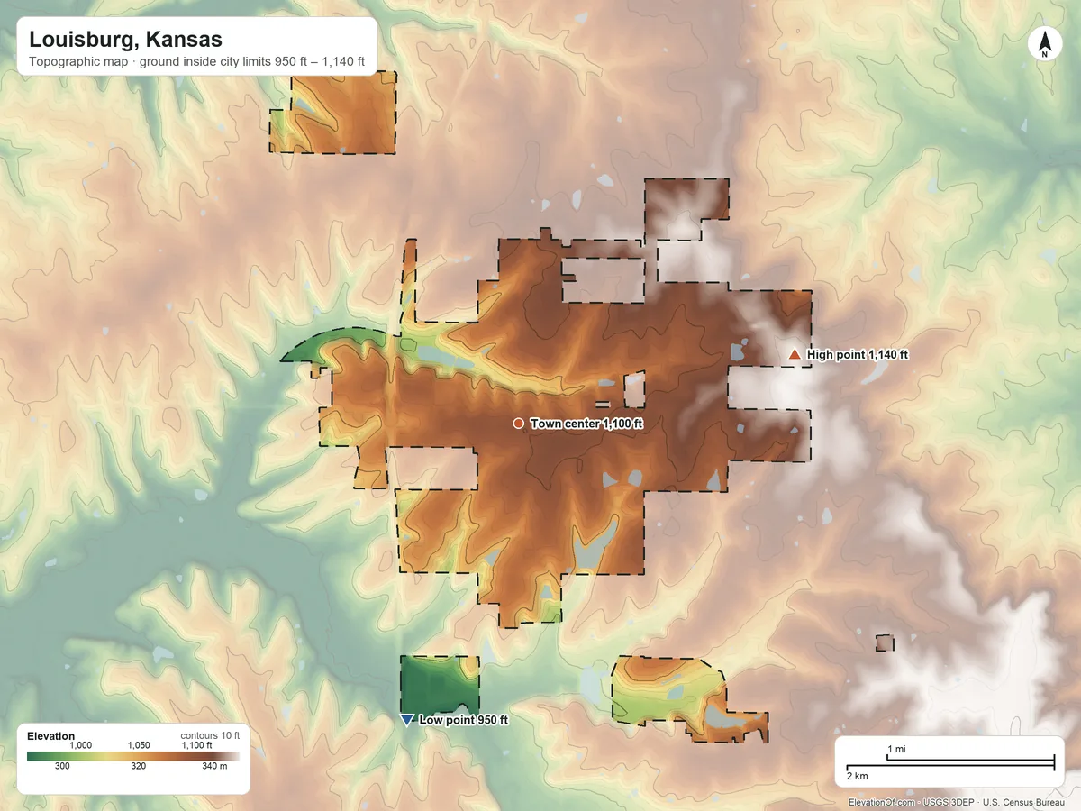 Topographic elevation map of Louisburg, Kansas, shaded from 950 ft on the south side to 1,140 ft on the east side