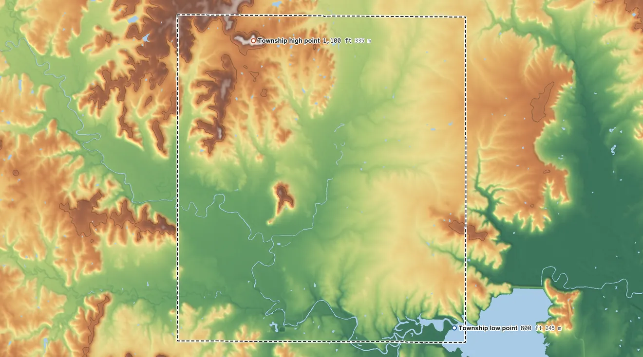 Topographic elevation map of Louisburg Township, Kansas, shaded from 800 ft on the southeast side to 1,100 ft on the north side