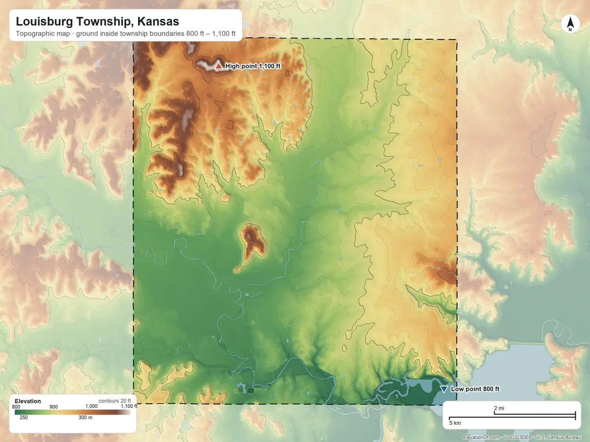 Topographic elevation map of Louisburg Township, Kansas, shaded from 800 ft on the southeast side to 1,100 ft on the north side