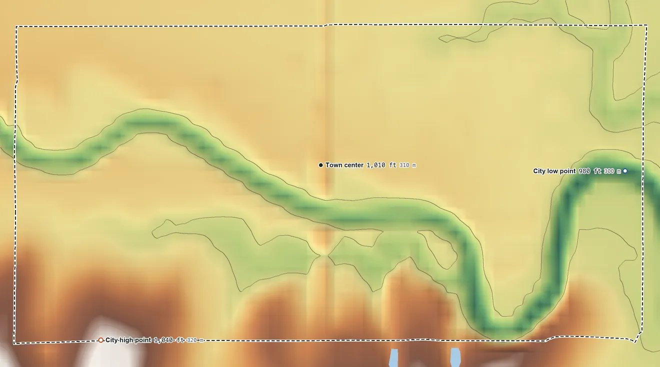 Topographic elevation map of Louisville, Kansas, shaded from 980 ft on the east side to 1,040 ft on the southwest side