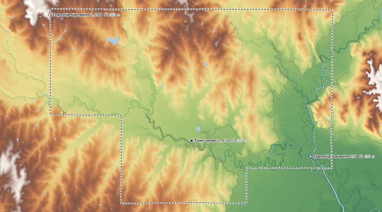 Topographic elevation map of Louisville Township, Kansas, shaded from 950 ft on the east side to 1,200 ft on the northwest side
