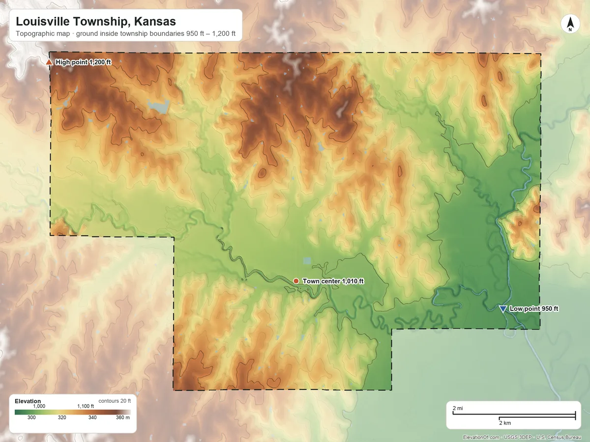 Topographic elevation map of Louisville Township, Kansas, shaded from 950 ft on the east side to 1,200 ft on the northwest side