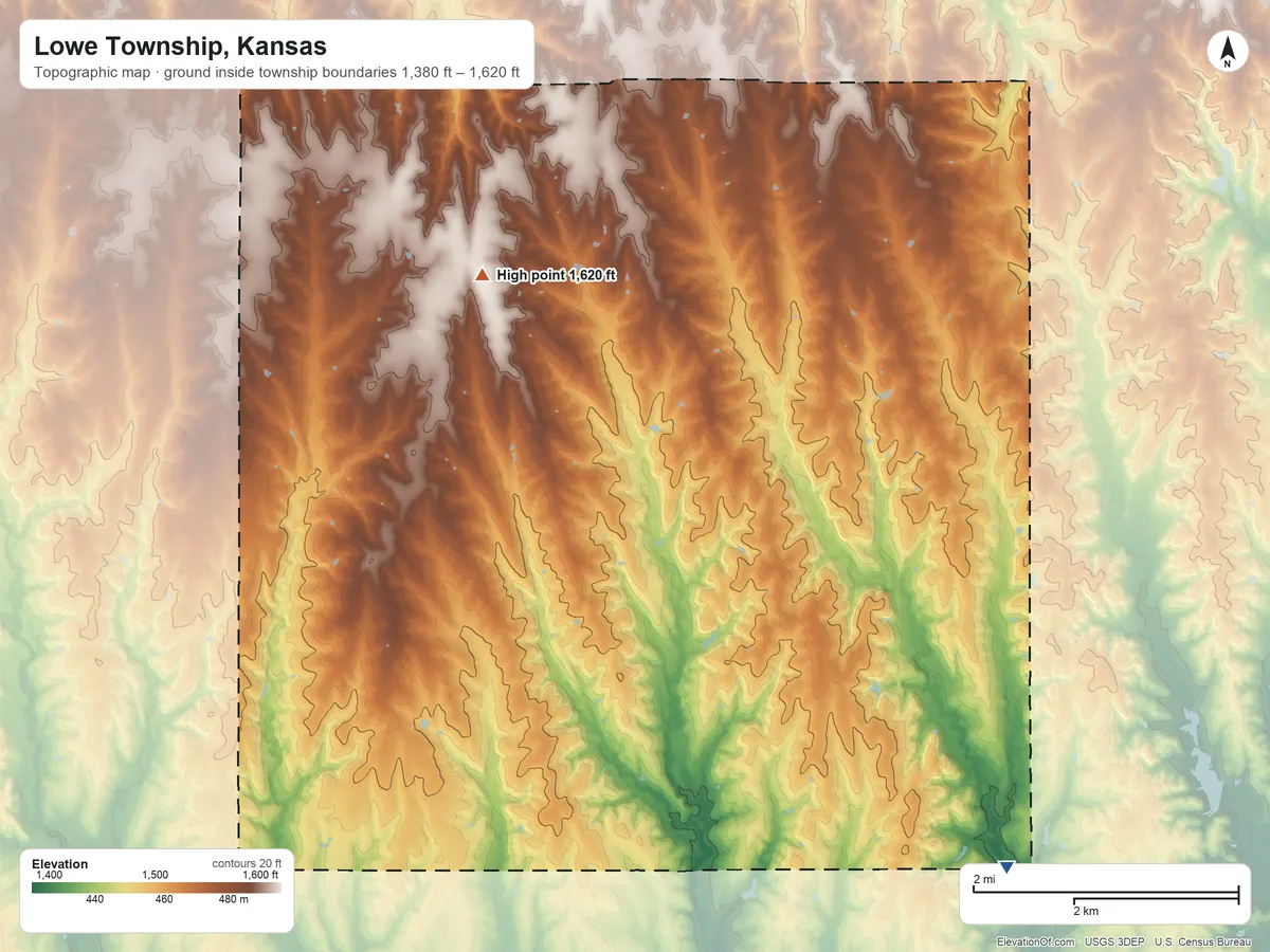 Topographic elevation map of Lowe Township, Kansas, shaded from 1,380 ft on the southeast side to 1,620 ft on the northwest side