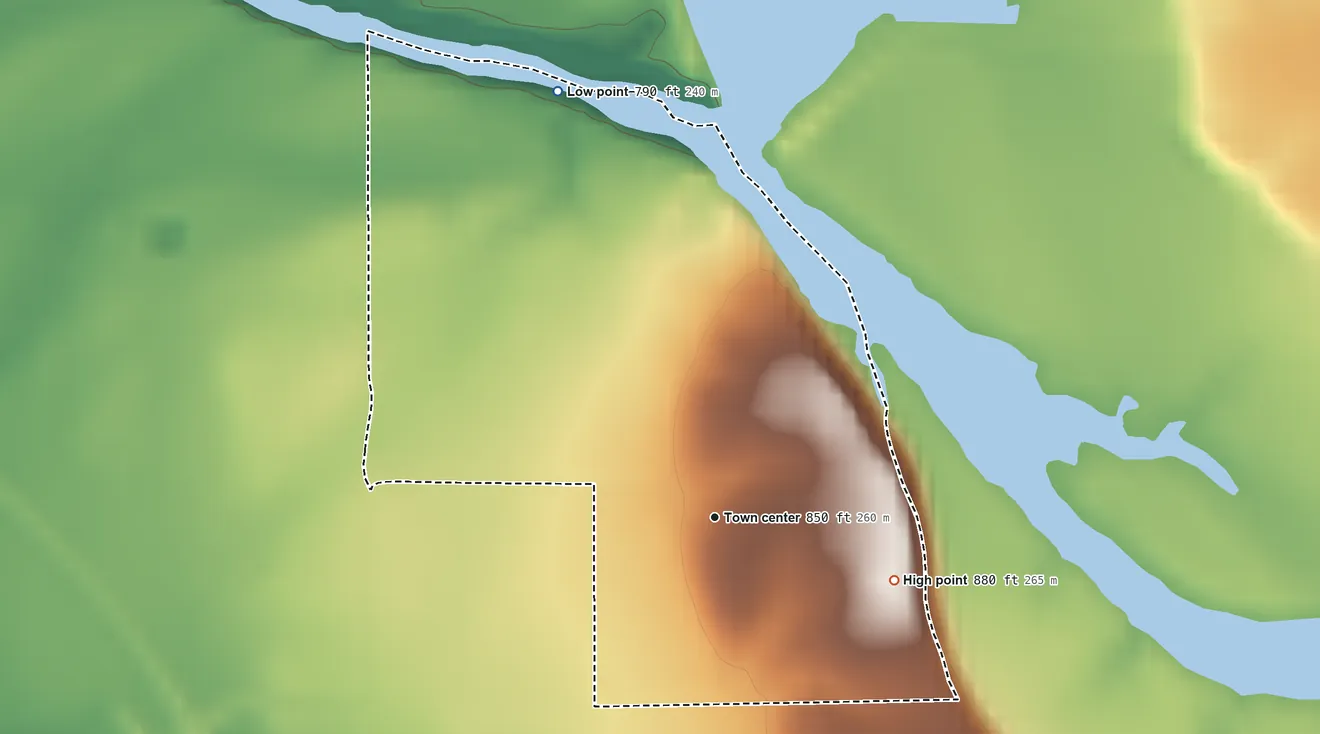 Topographic elevation map of Lowell, Kansas, shaded from 790 ft on the north side to 880 ft on the east side