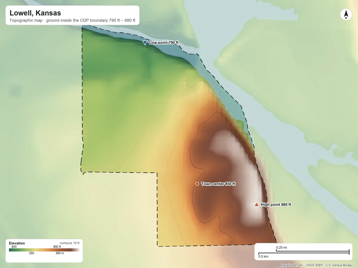 Topographic elevation map of Lowell, Kansas, shaded from 790 ft on the north side to 880 ft on the east side