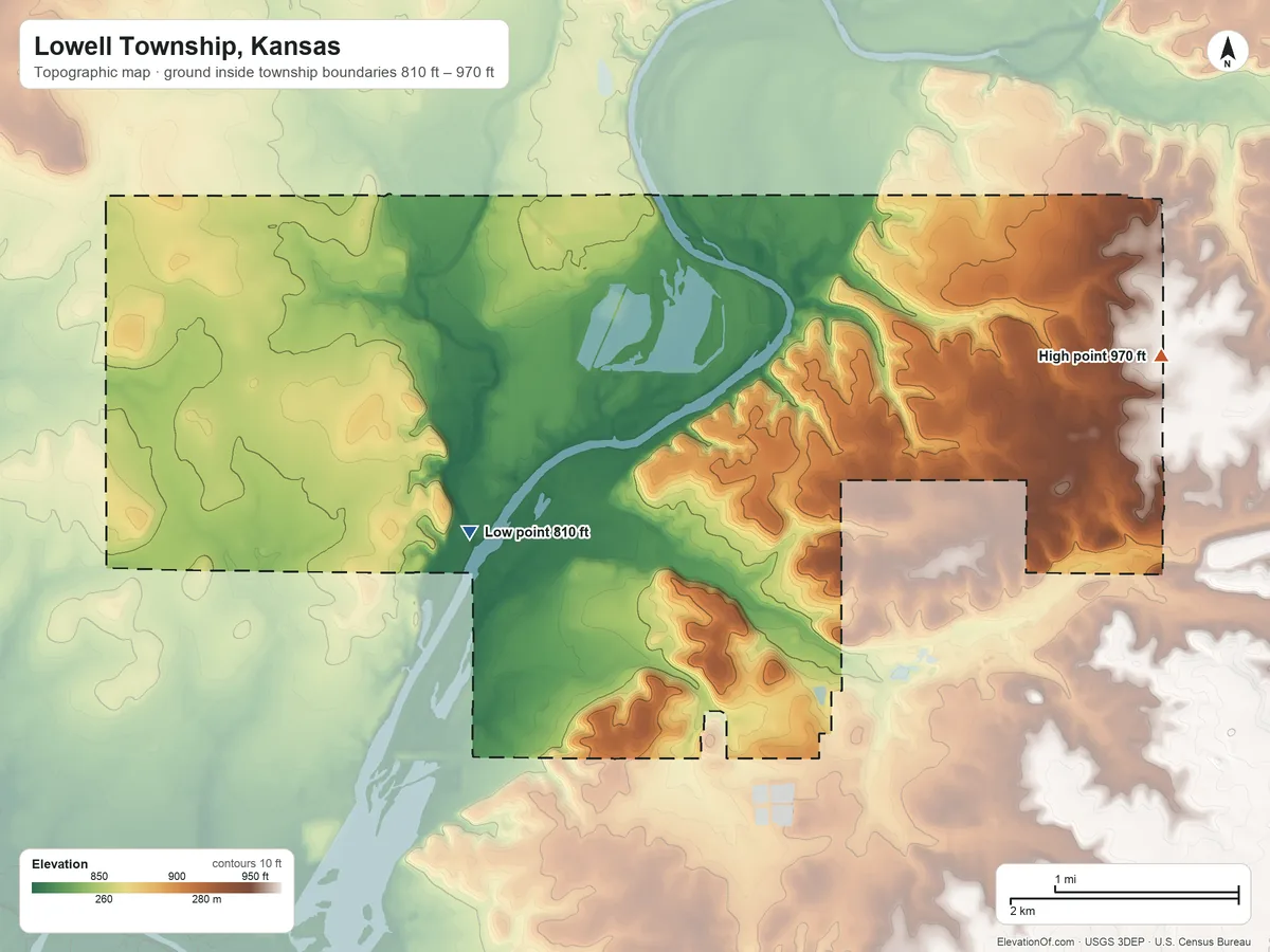 Topographic elevation map of Lowell Township, Kansas, shaded from 810 ft near the middle to 970 ft on the east side