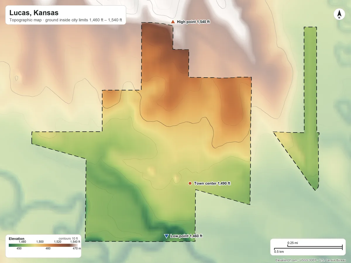 Topographic elevation map of Lucas, Kansas, shaded from 1,460 ft on the southwest side to 1,540 ft on the north side