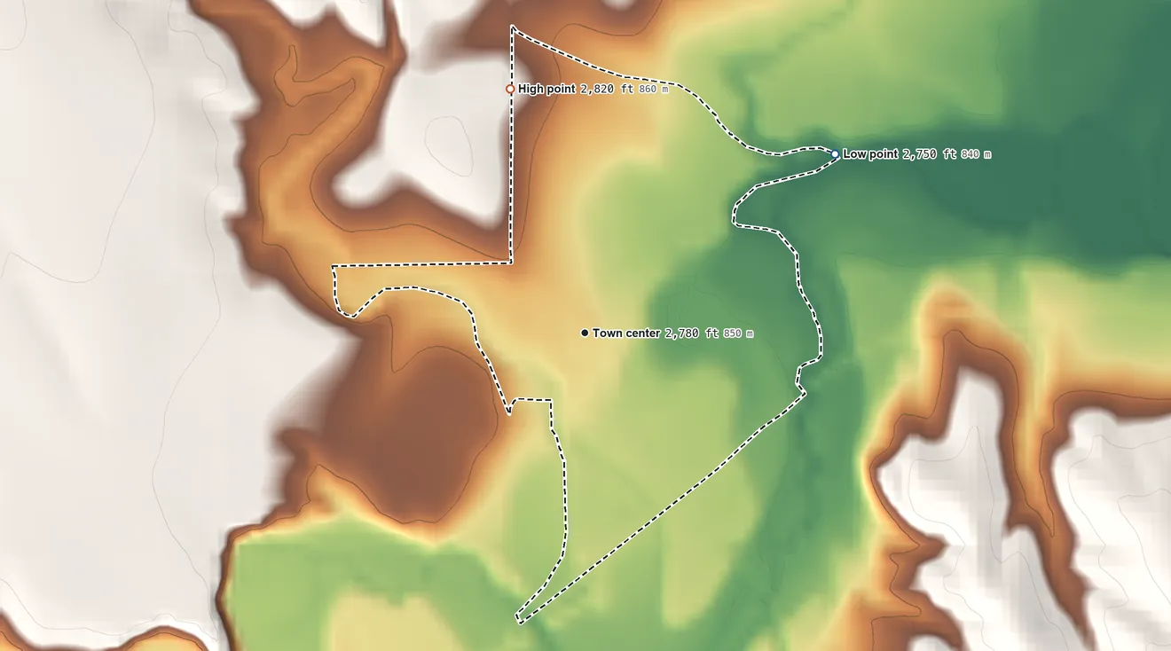 Topographic elevation map of Ludell, Kansas, shaded from 2,750 ft on the northeast side to 2,820 ft on the north side