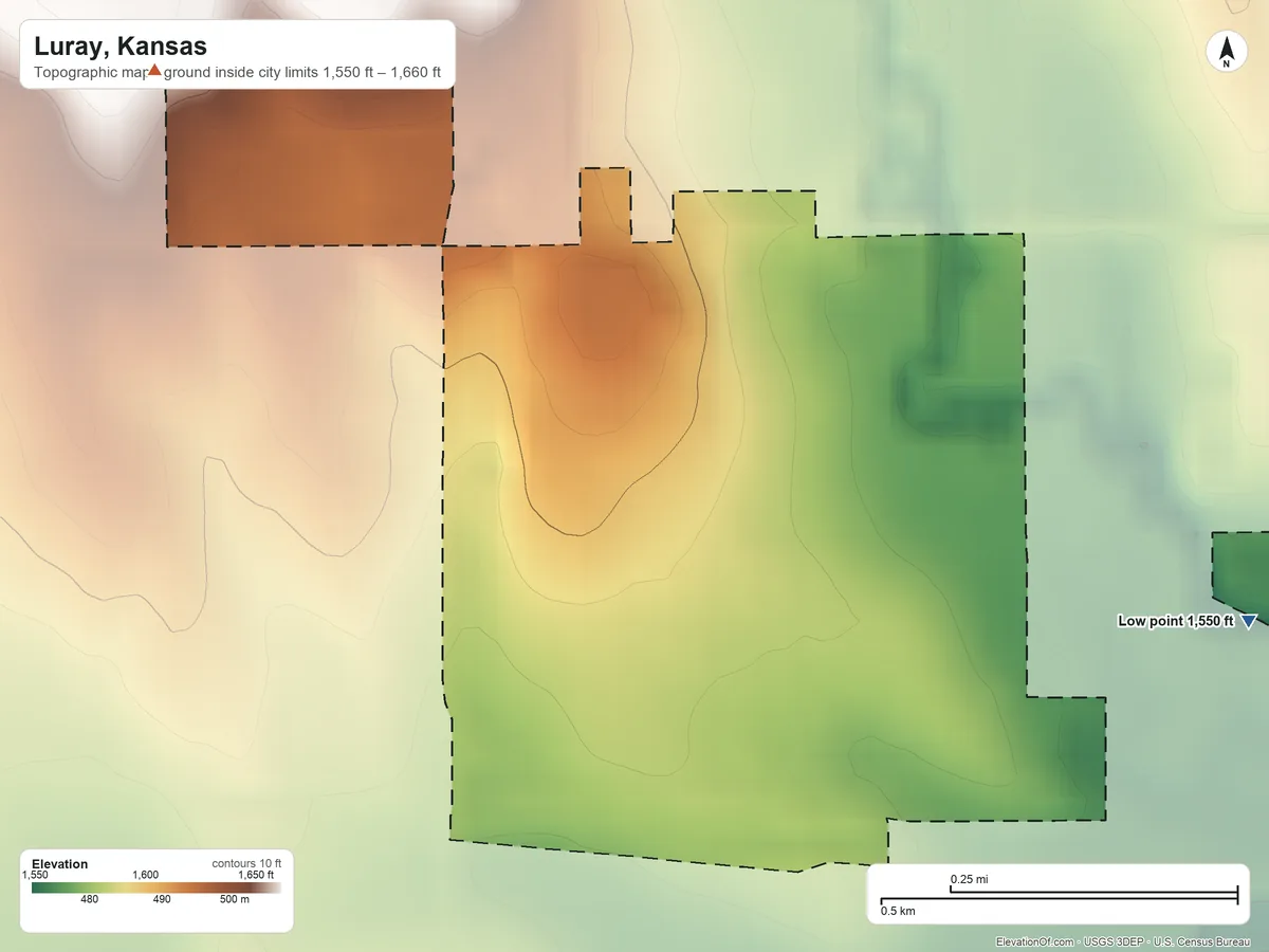Topographic elevation map of Luray, Kansas, shaded from 1,550 ft on the east side to 1,660 ft on the northwest side
