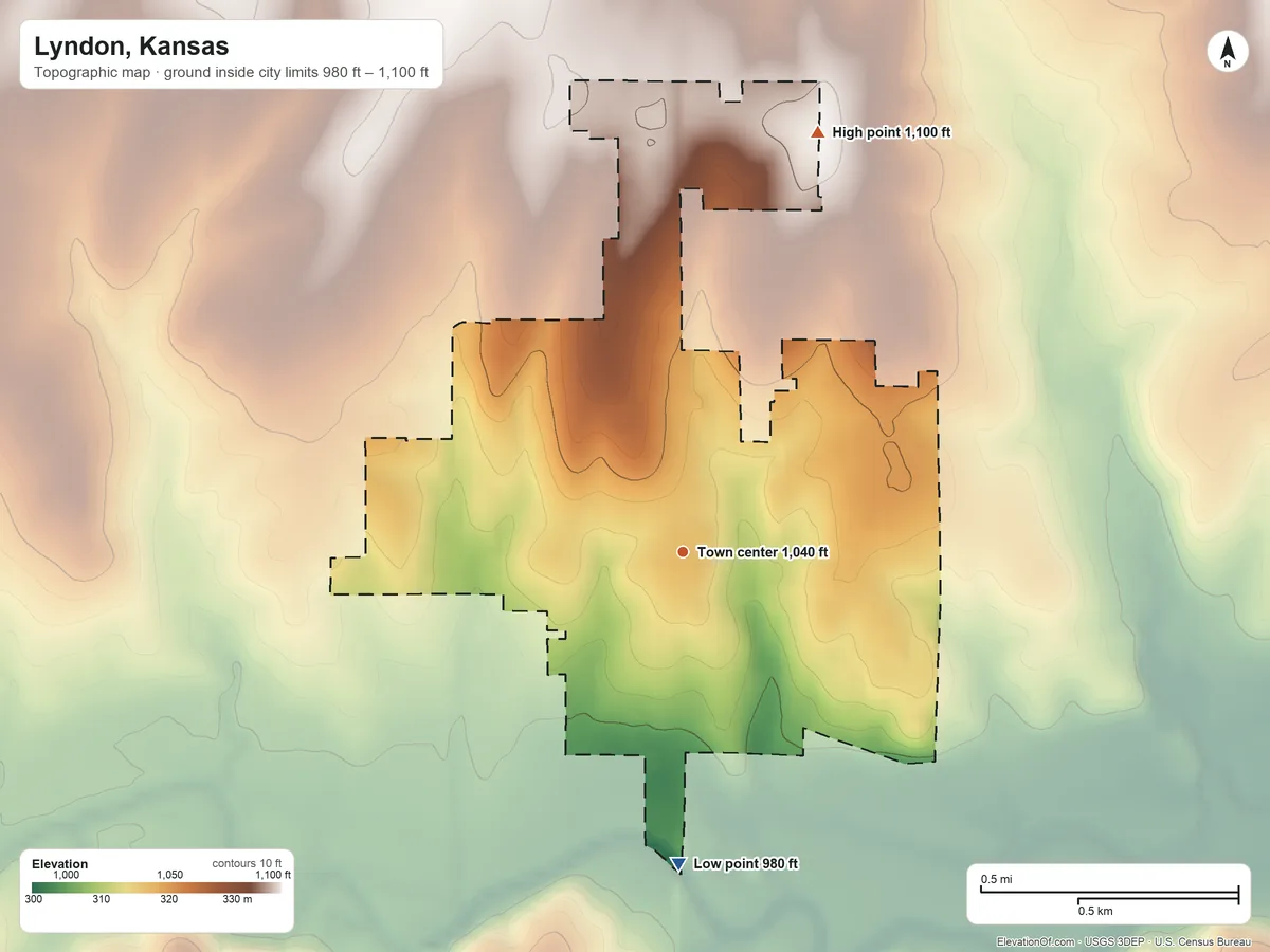 Topographic elevation map of Lyndon, Kansas, shaded from 980 ft on the south side to 1,100 ft on the north side