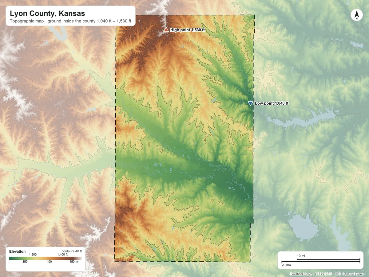 Topographic elevation map of Lyon County, Kansas, shaded from 1,040 ft on the northeast side to 1,530 ft on the north side