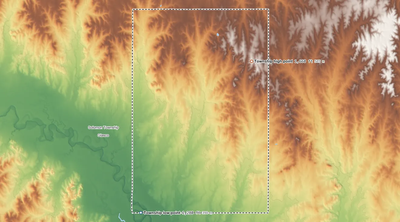 Topographic elevation map of Lyon Township, Cloud County, Kansas, shaded from 1,280 ft on the southwest side to 1,660 ft on the northeast side
