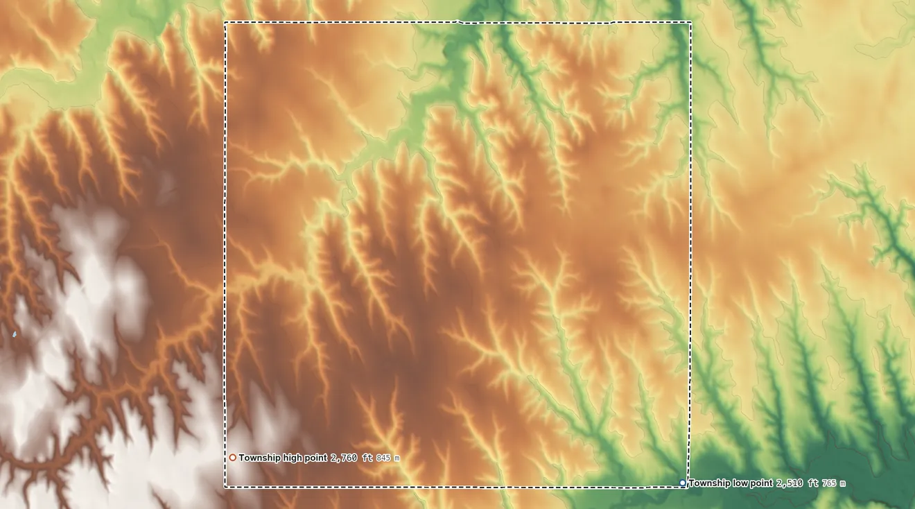 Topographic elevation map of Lyon Township, Decatur County, Kansas, shaded from 2,510 ft on the southeast side to 2,760 ft on the southwest side