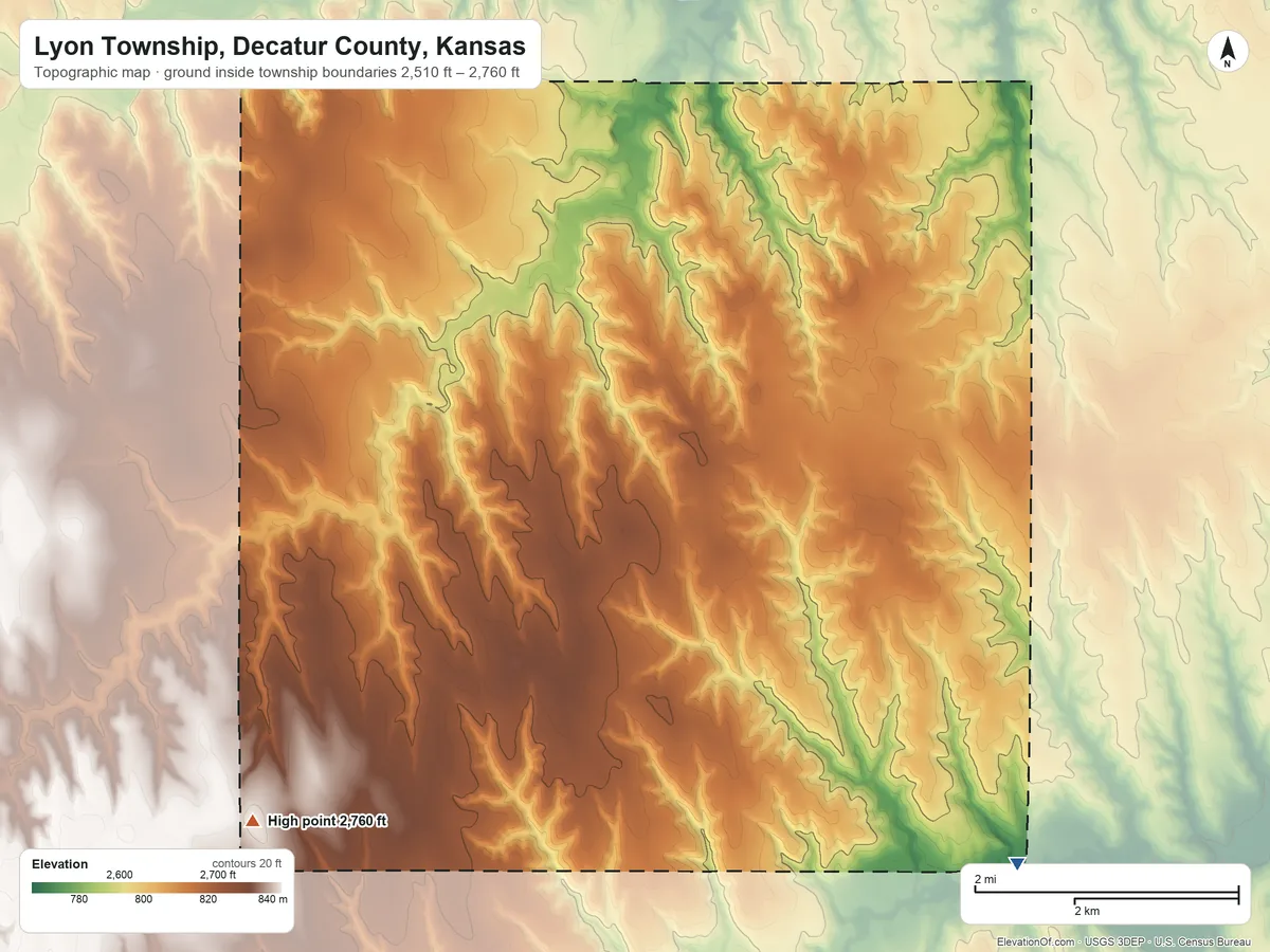 Topographic elevation map of Lyon Township, Decatur County, Kansas, shaded from 2,510 ft on the southeast side to 2,760 ft on the southwest side