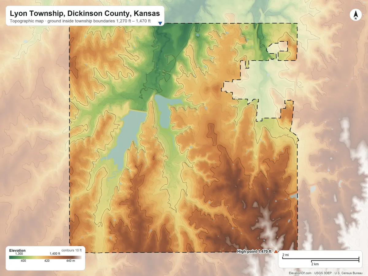 Topographic elevation map of Lyon Township, Dickinson County, Kansas, shaded from 1,270 ft on the northwest side to 1,470 ft on the southeast side