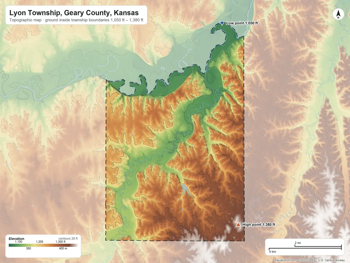 Topographic elevation map of Lyon Township, Geary County, Kansas, shaded from 1,050 ft on the northeast side to 1,380 ft on the southeast side