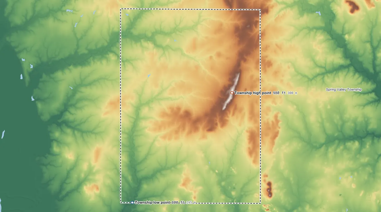 Topographic elevation map of Lyon Township, Kansas, shaded from 800 ft on the southwest side to 980 ft on the northeast side