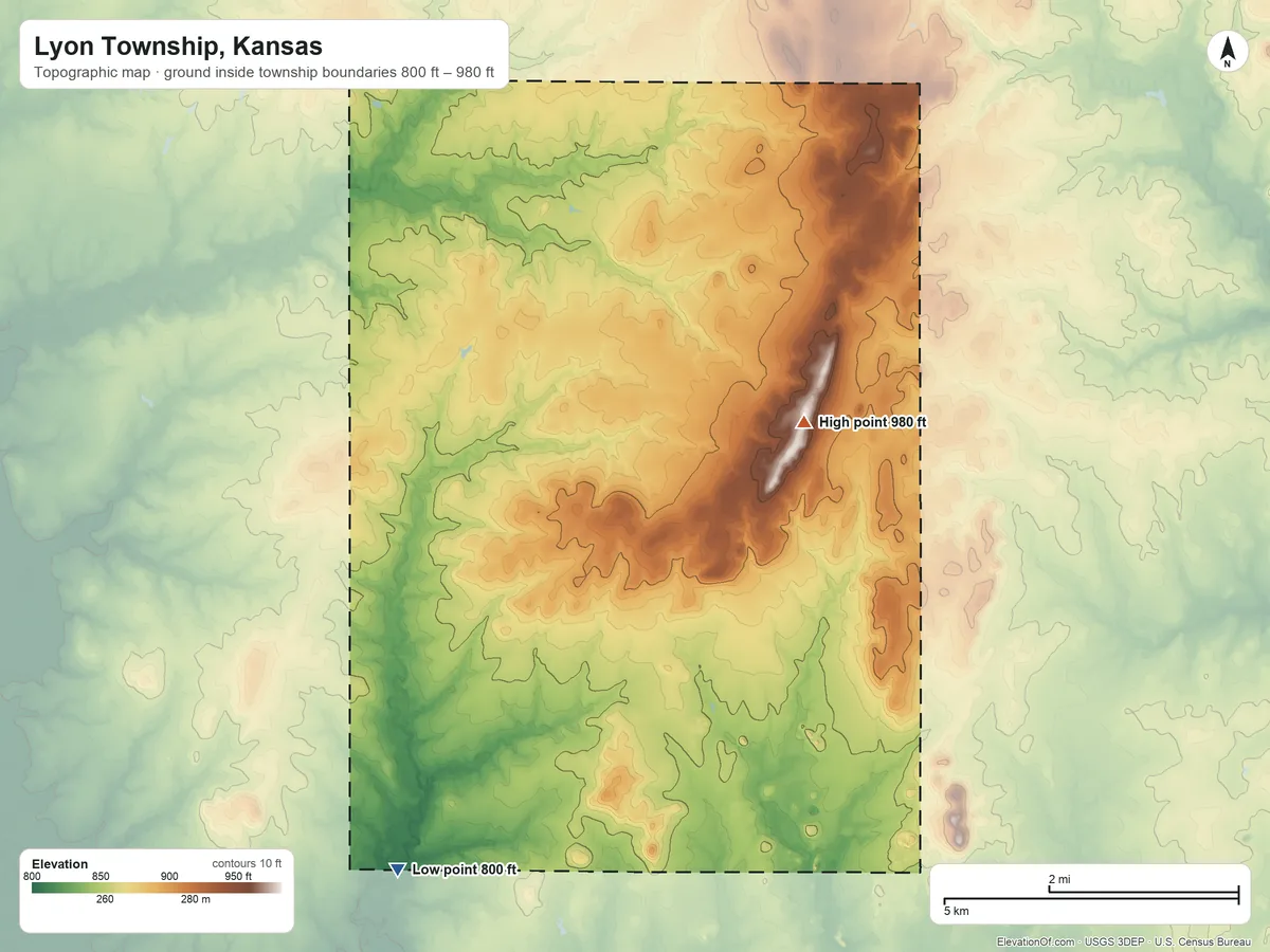 Topographic elevation map of Lyon Township, Kansas, shaded from 800 ft on the southwest side to 980 ft on the northeast side