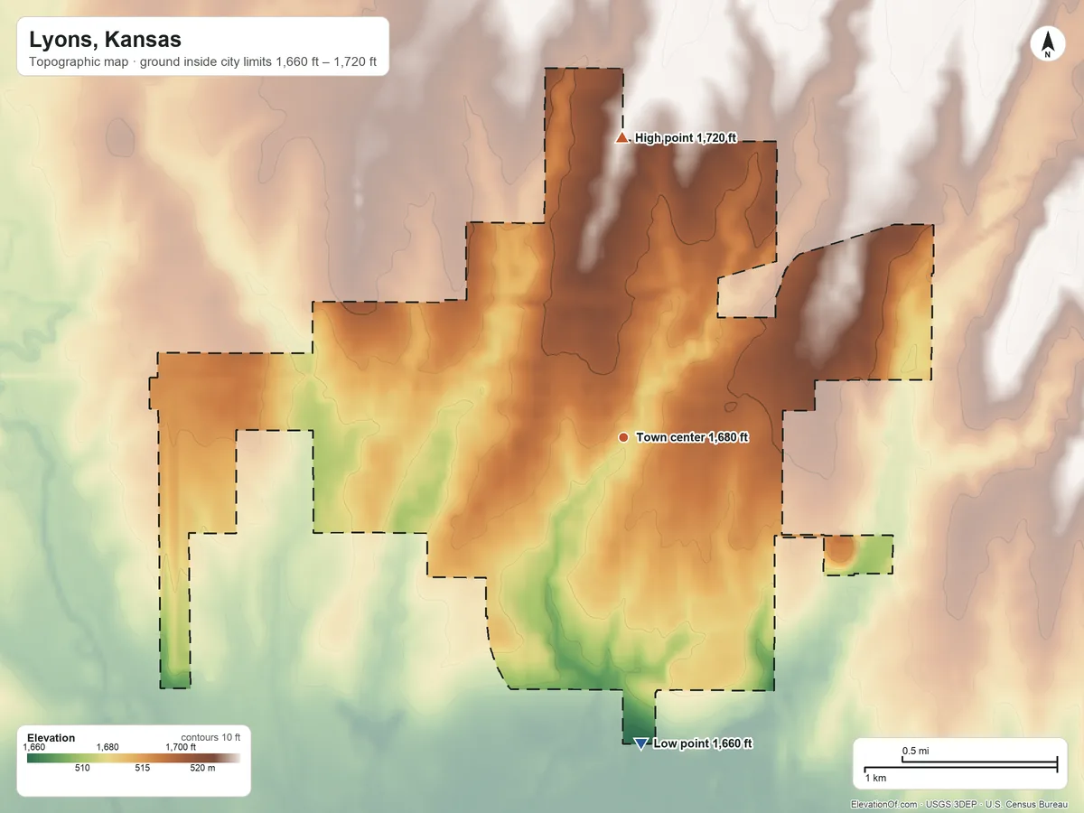 Topographic elevation map of Lyons, Kansas, shaded from 1,660 ft on the south side to 1,720 ft on the north side