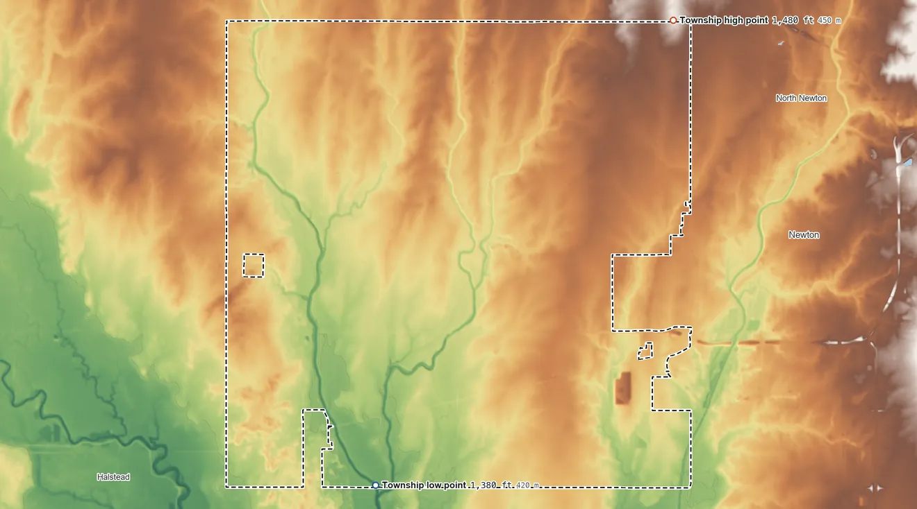 Topographic elevation map of Macon Township, Kansas, shaded from 1,380 ft on the south side to 1,480 ft on the northeast side