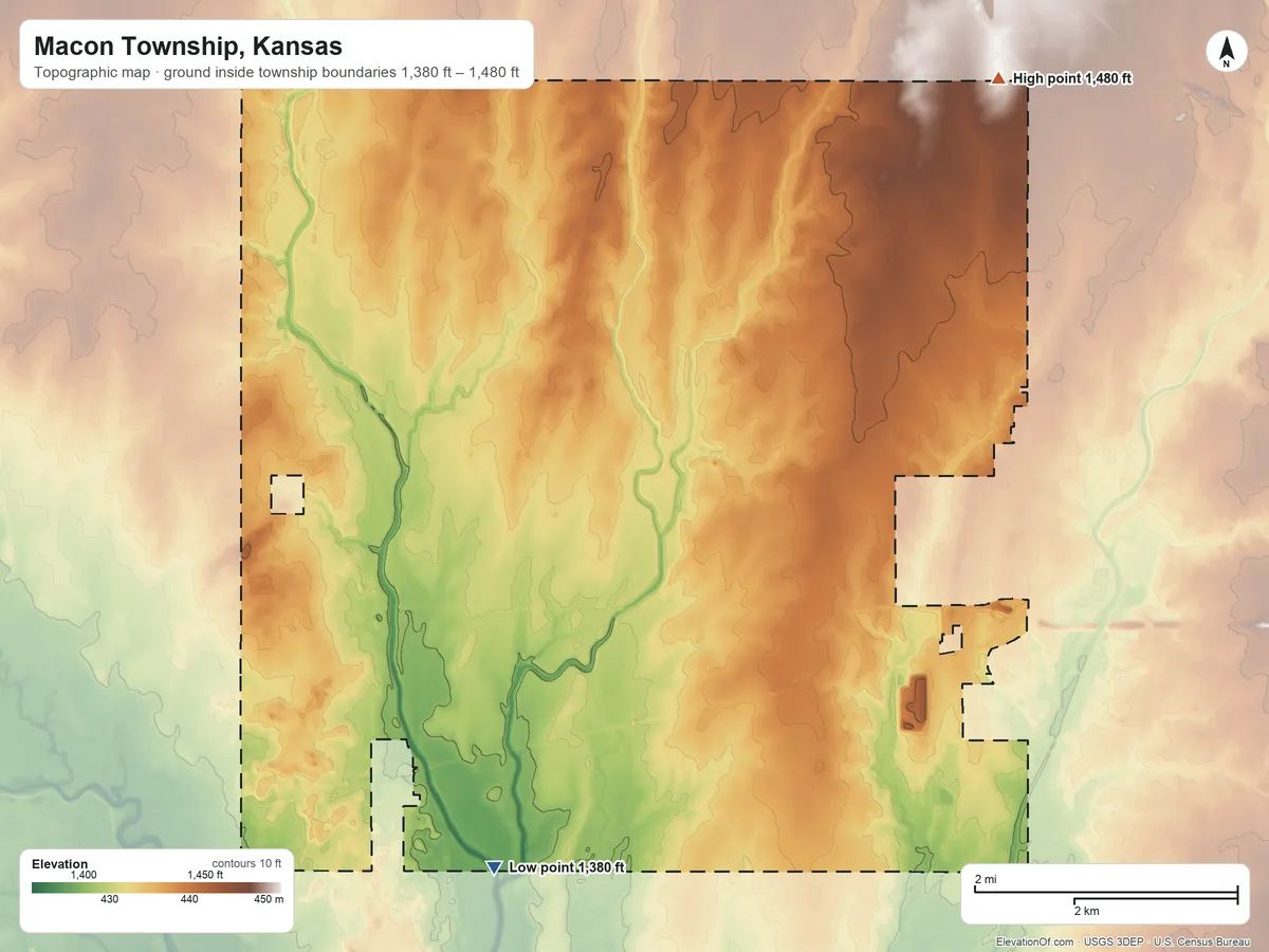 Topographic elevation map of Macon Township, Kansas, shaded from 1,380 ft on the south side to 1,480 ft on the northeast side