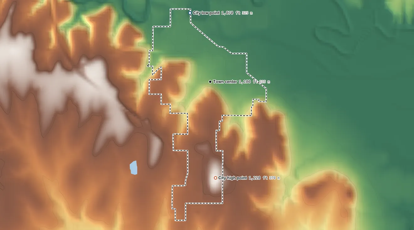 Topographic elevation map of Madison, Kansas, shaded from 1,070 ft on the north side to 1,220 ft on the south side