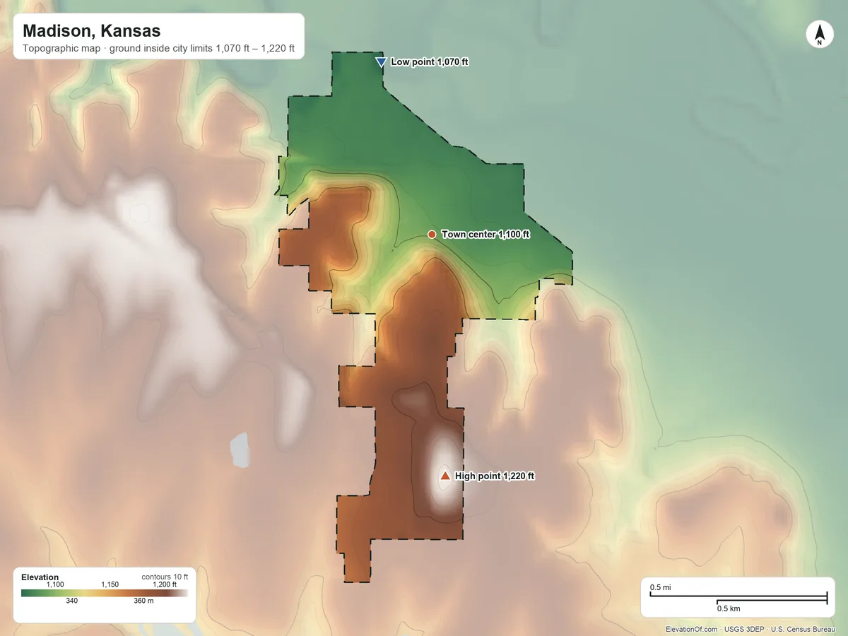 Topographic elevation map of Madison, Kansas, shaded from 1,070 ft on the north side to 1,220 ft on the south side