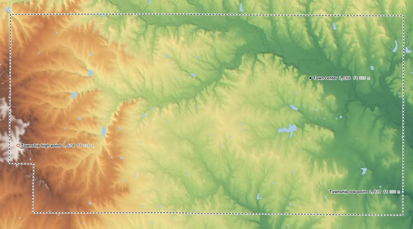 Topographic elevation map of Madison Township, Greenwood County, Kansas, shaded from 1,020 ft on the southeast side to 1,670 ft on the west side