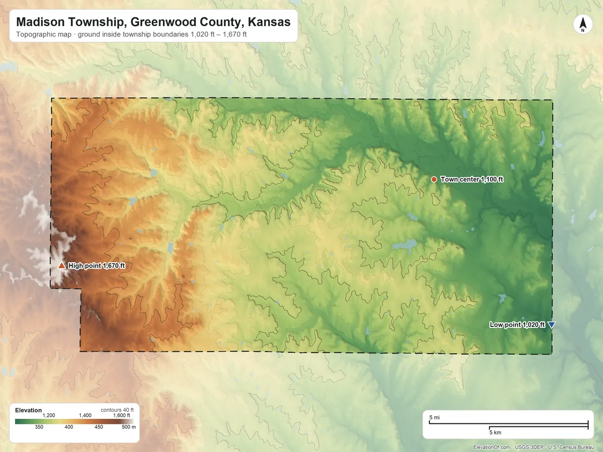 Topographic elevation map of Madison Township, Greenwood County, Kansas, shaded from 1,020 ft on the southeast side to 1,670 ft on the west side