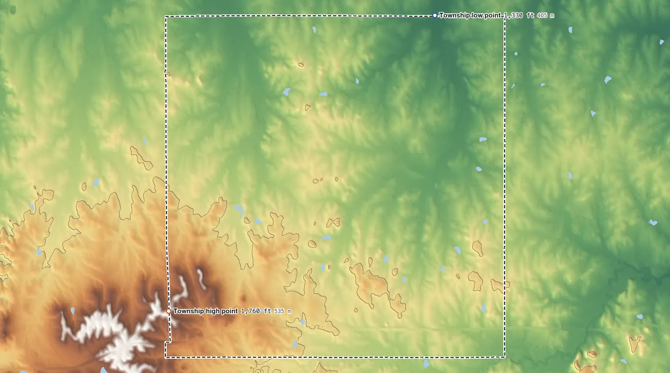 Topographic elevation map of Madison Township, Lincoln County, Kansas, shaded from 1,330 ft on the northeast side to 1,760 ft on the southwest side