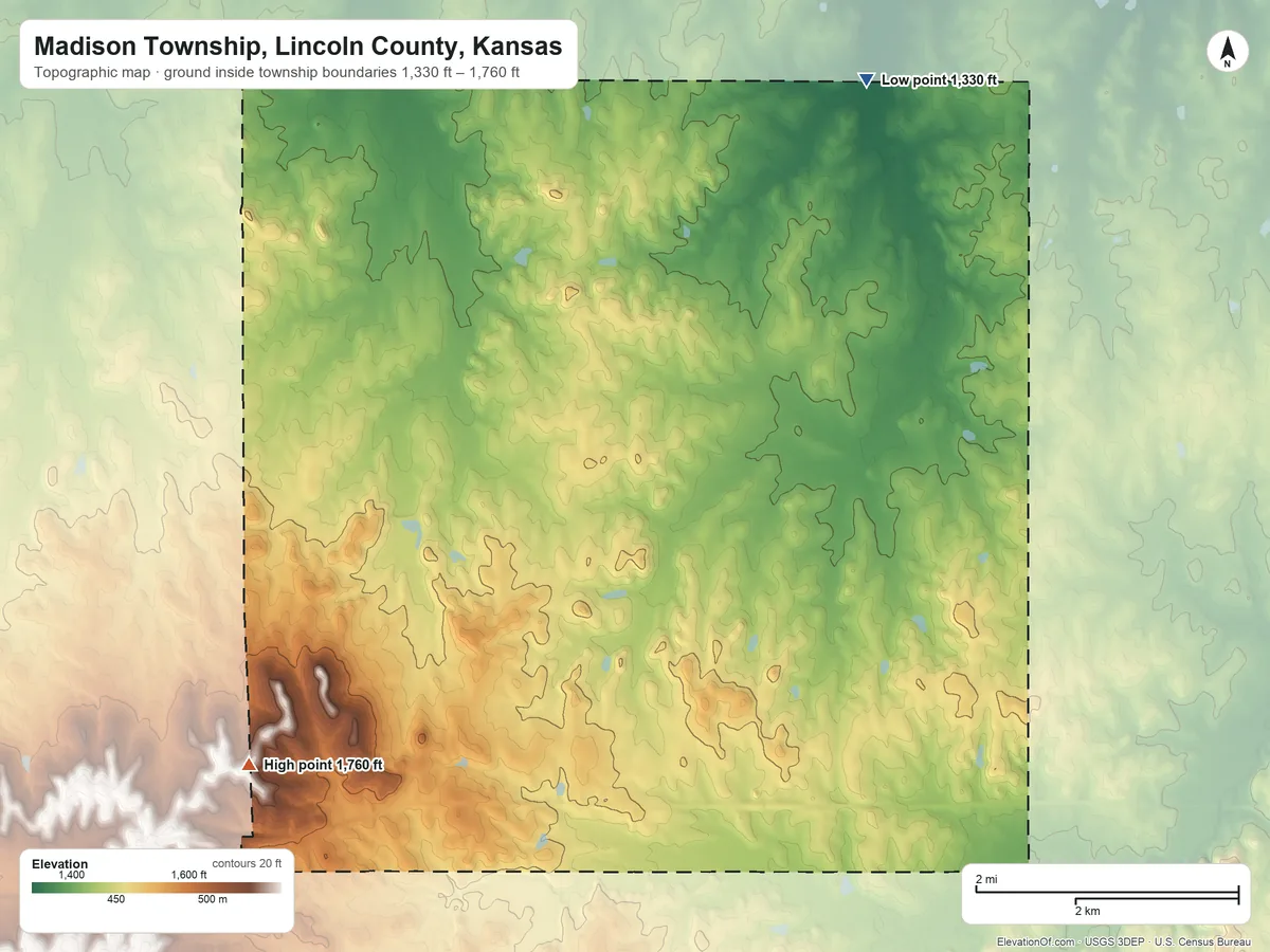 Topographic elevation map of Madison Township, Lincoln County, Kansas, shaded from 1,330 ft on the northeast side to 1,760 ft on the southwest side