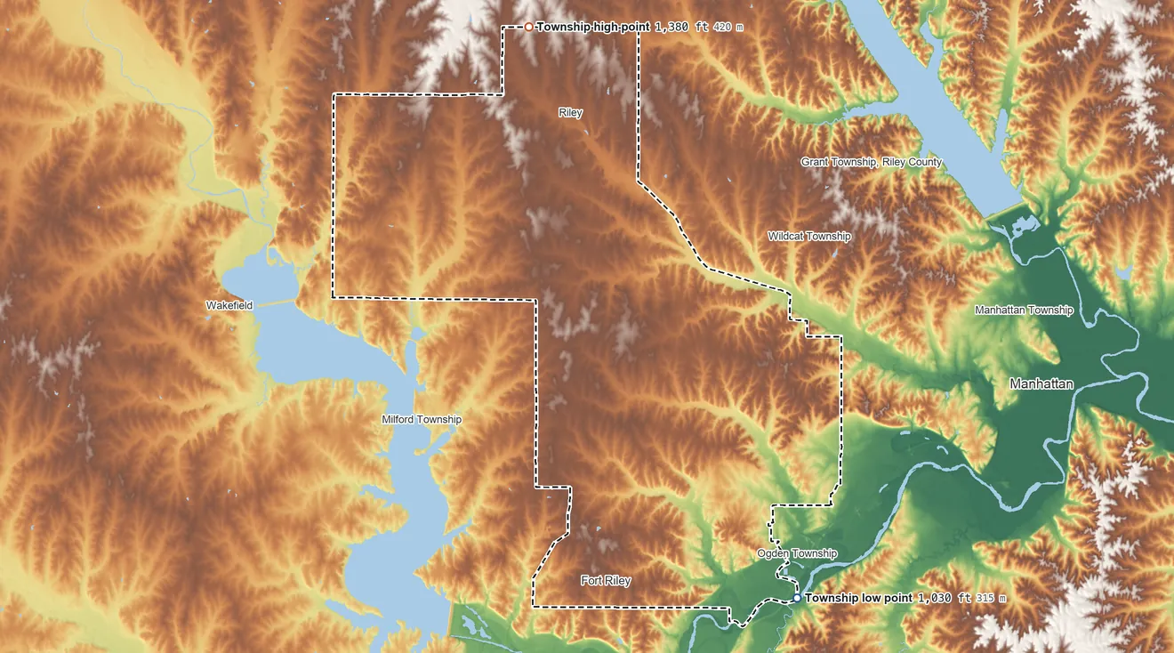 Topographic elevation map of Madison Township, Kansas, shaded from 1,030 ft on the east side to 1,380 ft on the north side