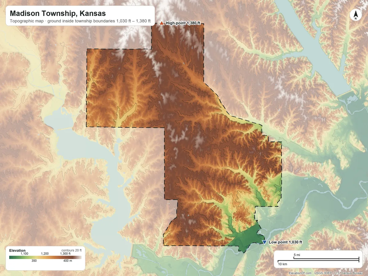 Topographic elevation map of Madison Township, Kansas, shaded from 1,030 ft on the east side to 1,380 ft on the north side
