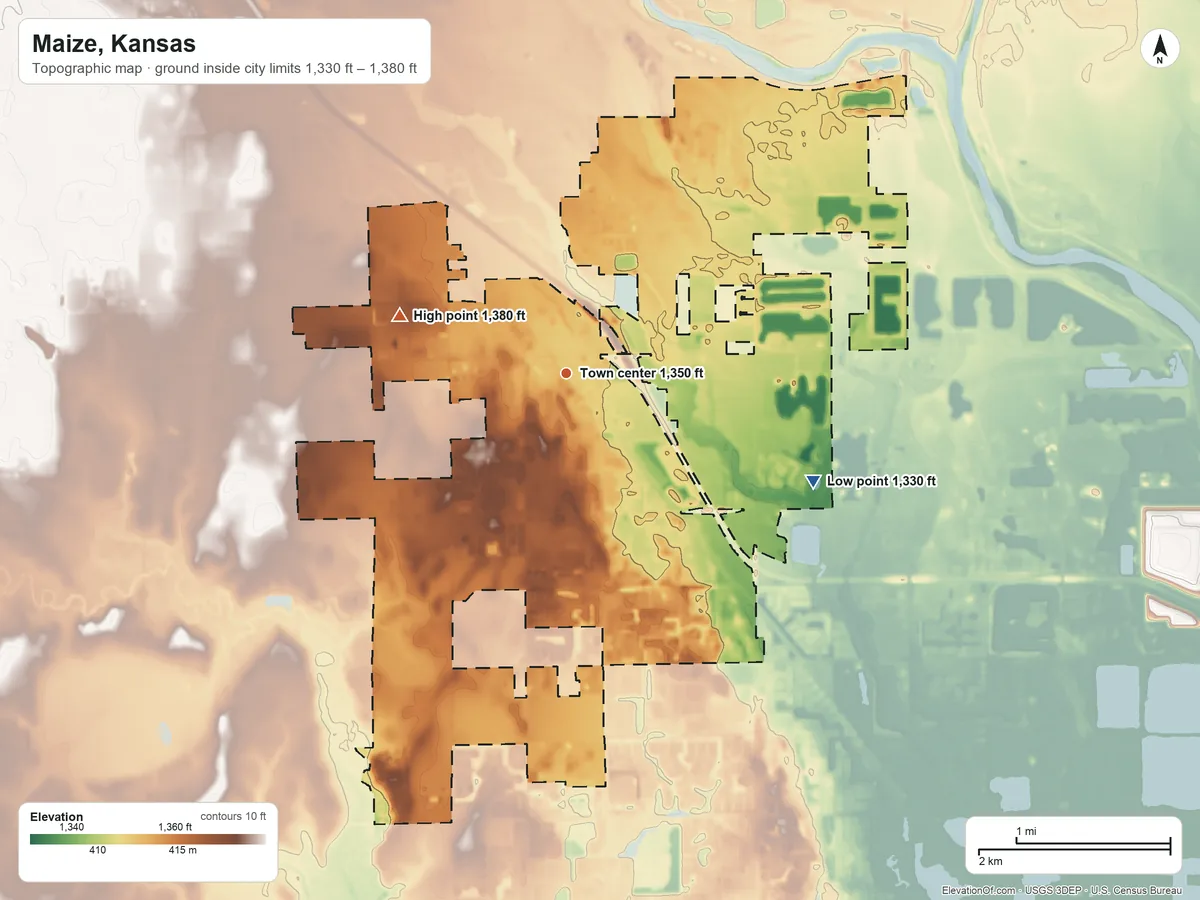 Topographic elevation map of Maize, Kansas, shaded from 1,330 ft on the southeast side to 1,380 ft on the west side