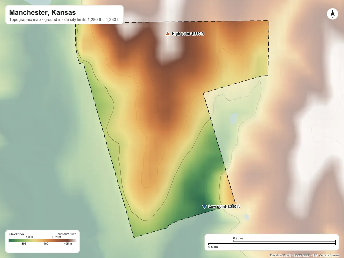 Topographic elevation map of Manchester, Kansas, shaded from 1,280 ft on the south side to 1,330 ft on the north side