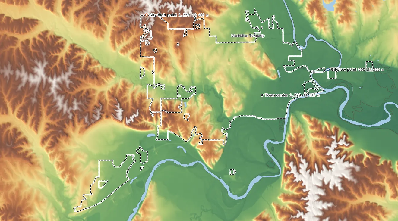 Topographic elevation map of Manhattan, Kansas, shaded from 990 ft on the east side to 1,350 ft on the northwest side