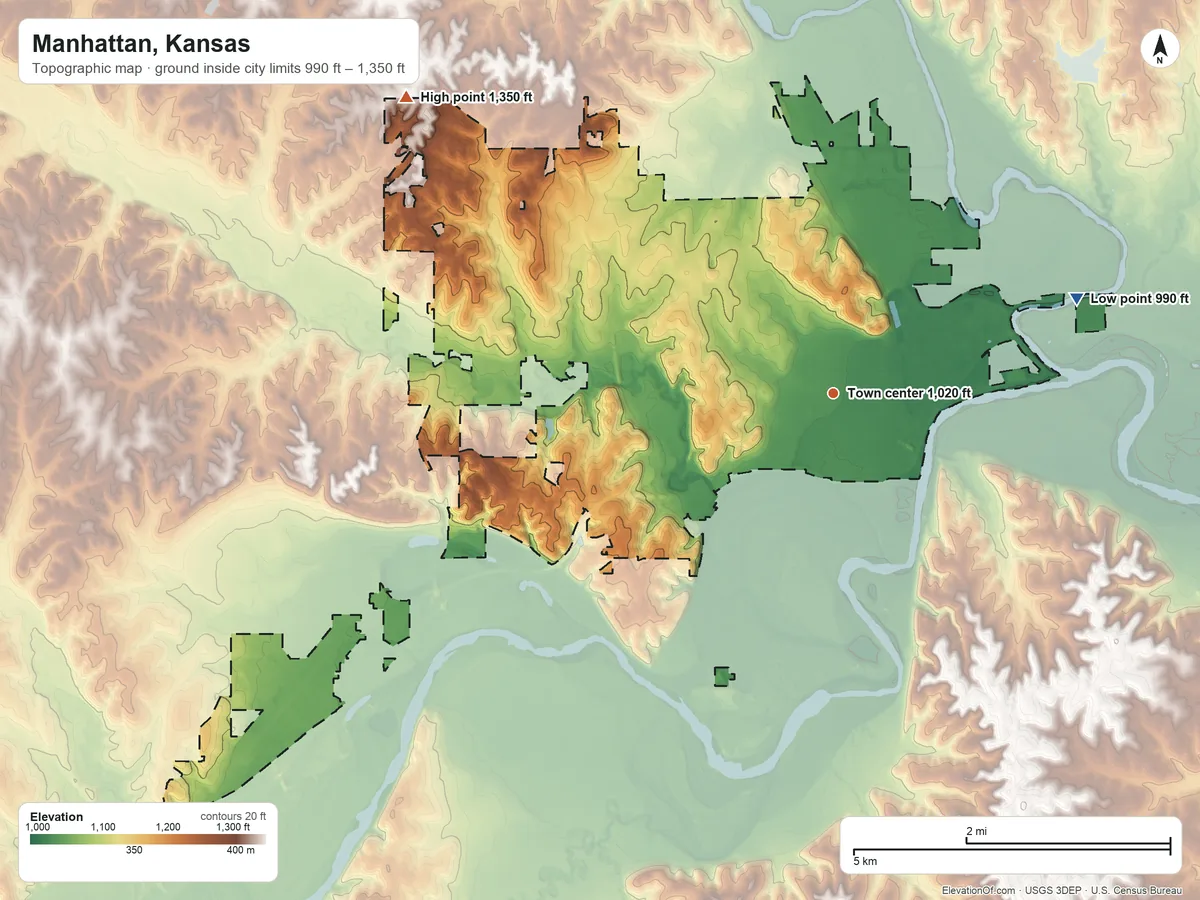 Topographic elevation map of Manhattan, Kansas, shaded from 990 ft on the east side to 1,350 ft on the northwest side