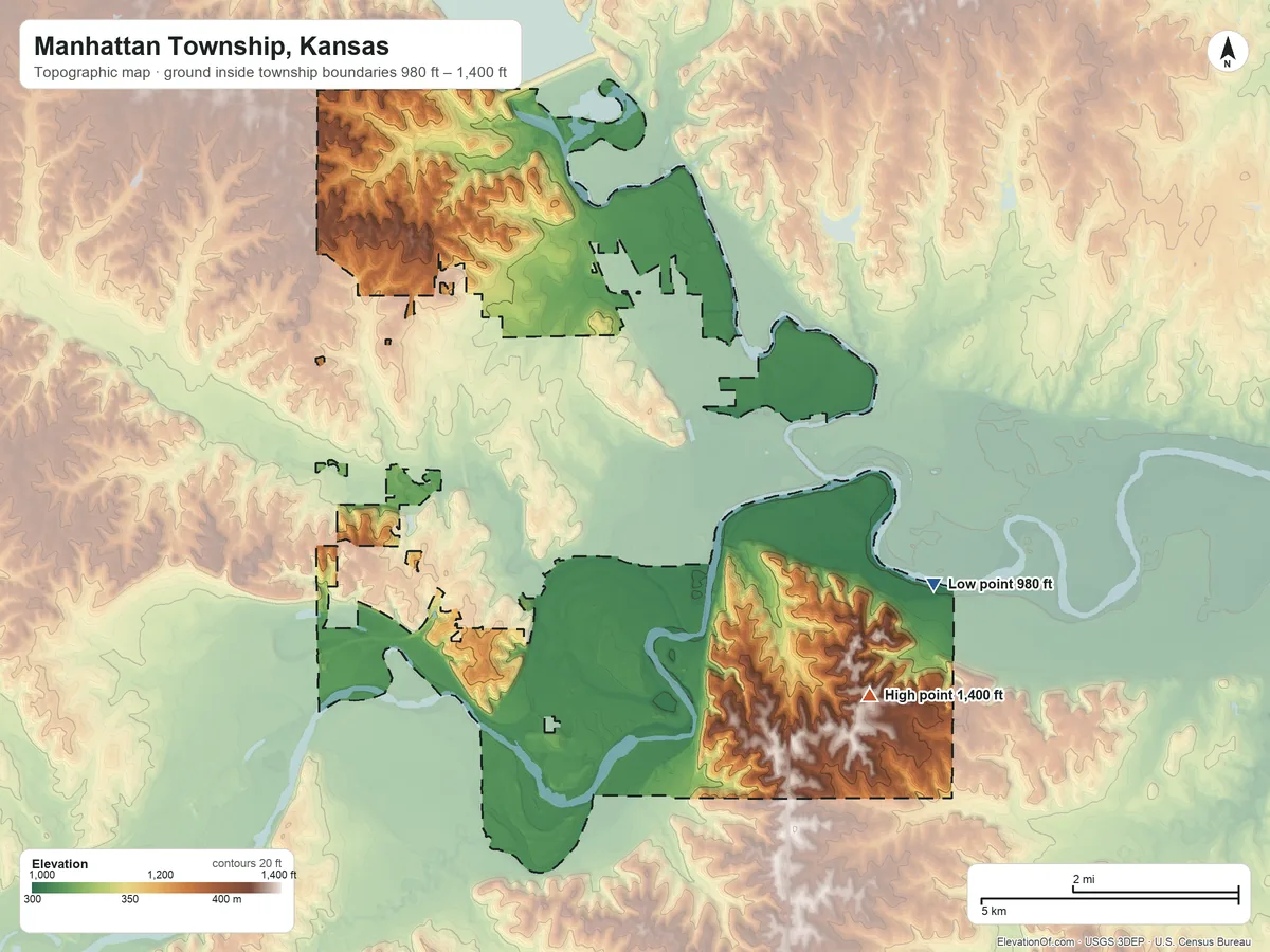 Topographic elevation map of Manhattan Township, Kansas, shaded from 980 ft on the southeast side to 1,400 ft on the southeast side