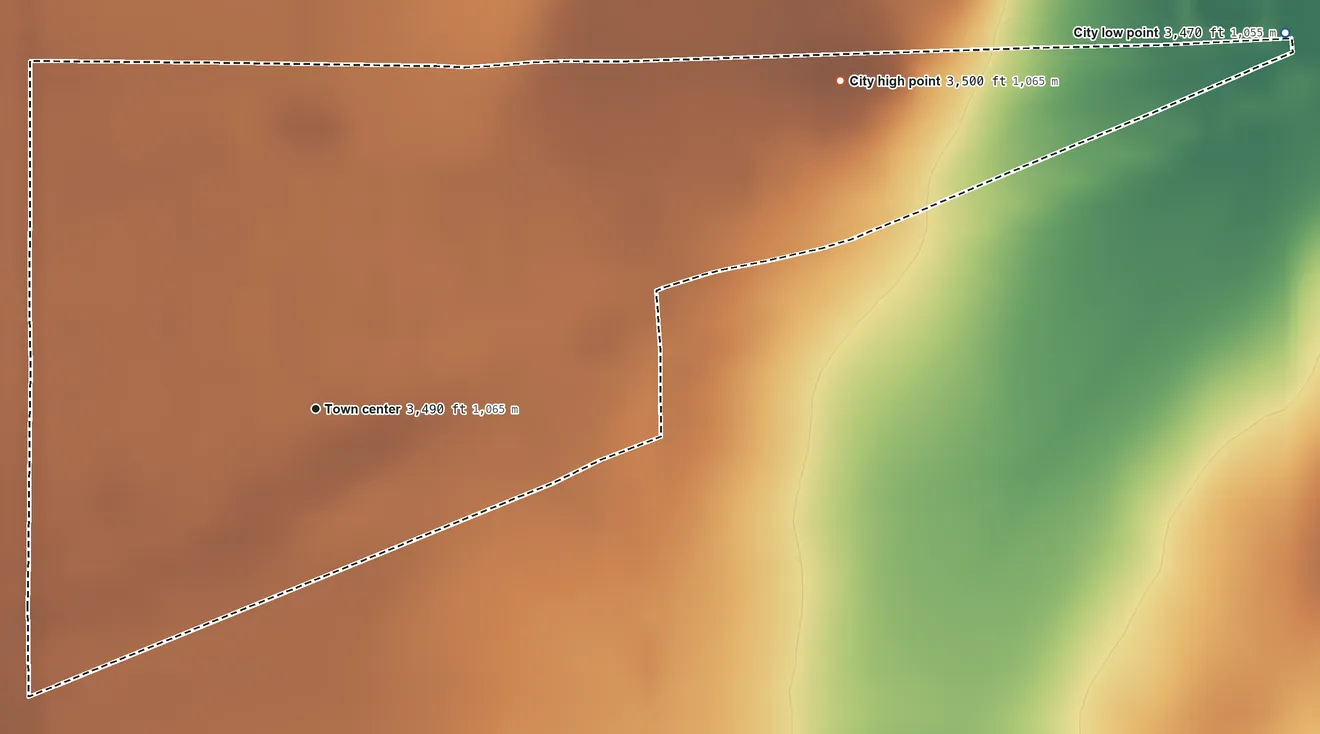 Topographic elevation map of Manter, Kansas, shaded from 3,470 ft on the east side to 3,500 ft on the northeast side