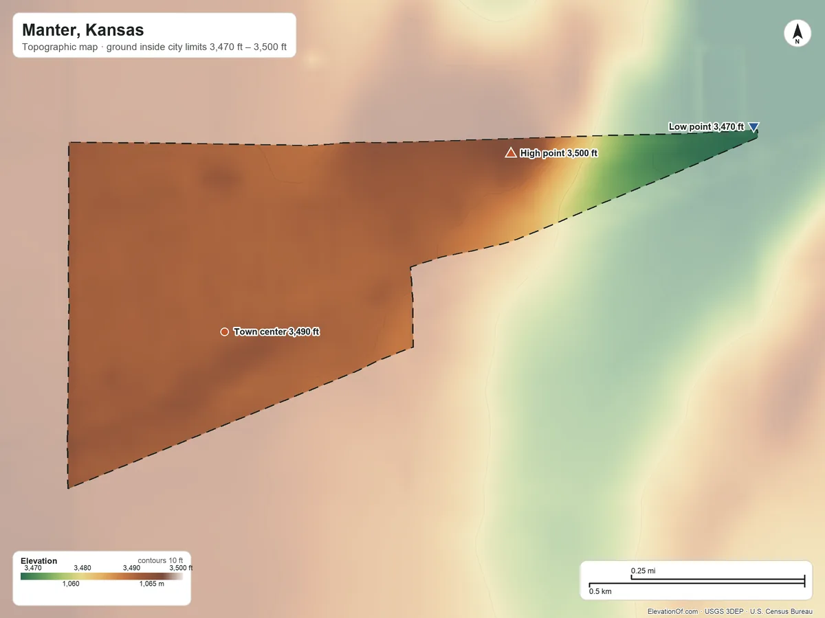 Topographic elevation map of Manter, Kansas, shaded from 3,470 ft on the east side to 3,500 ft on the northeast side